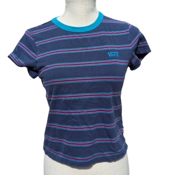 Vans Striped Small T-Shirt Womens Blue Pink Short Sleeve Casual Top - Picture 1 of 3